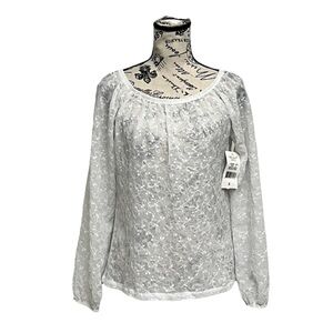 Karen Kane Ivory Sheer Embroidered Blouse Boho Peasent Ethereal Coastal Gramma S